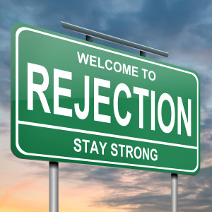 Illustration depicting a green roadsign with a rejection concept. Sunset with clouds background.