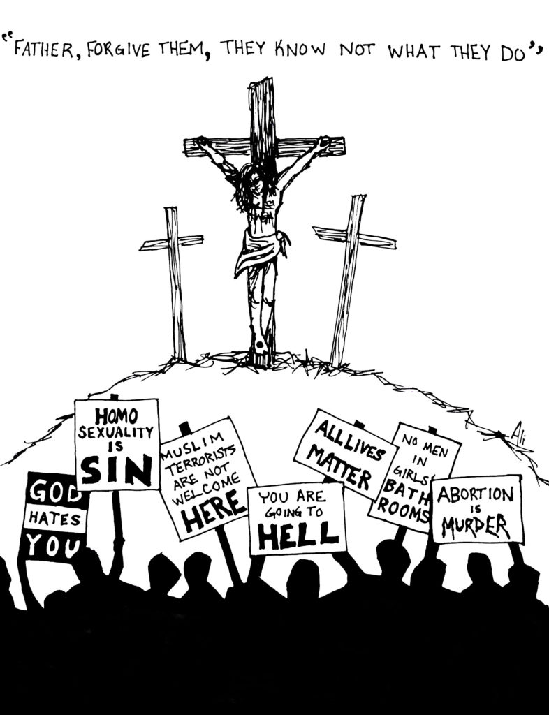 Jesus on a cross with angry bigoted, racist, and homophobic protestors