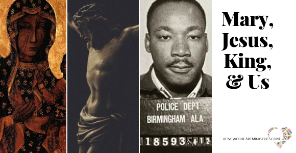 Picture of the Black Madonna, Jesus /crucifix and police booking picture of Dr. Martin Luther King, Jr.