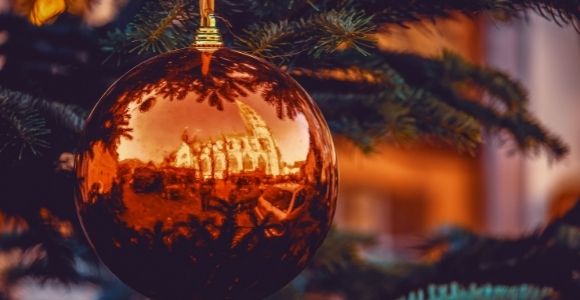 ornament with a church in it's reflection
